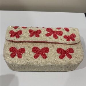 New! Elegant Cream and Red Beaded Clutch